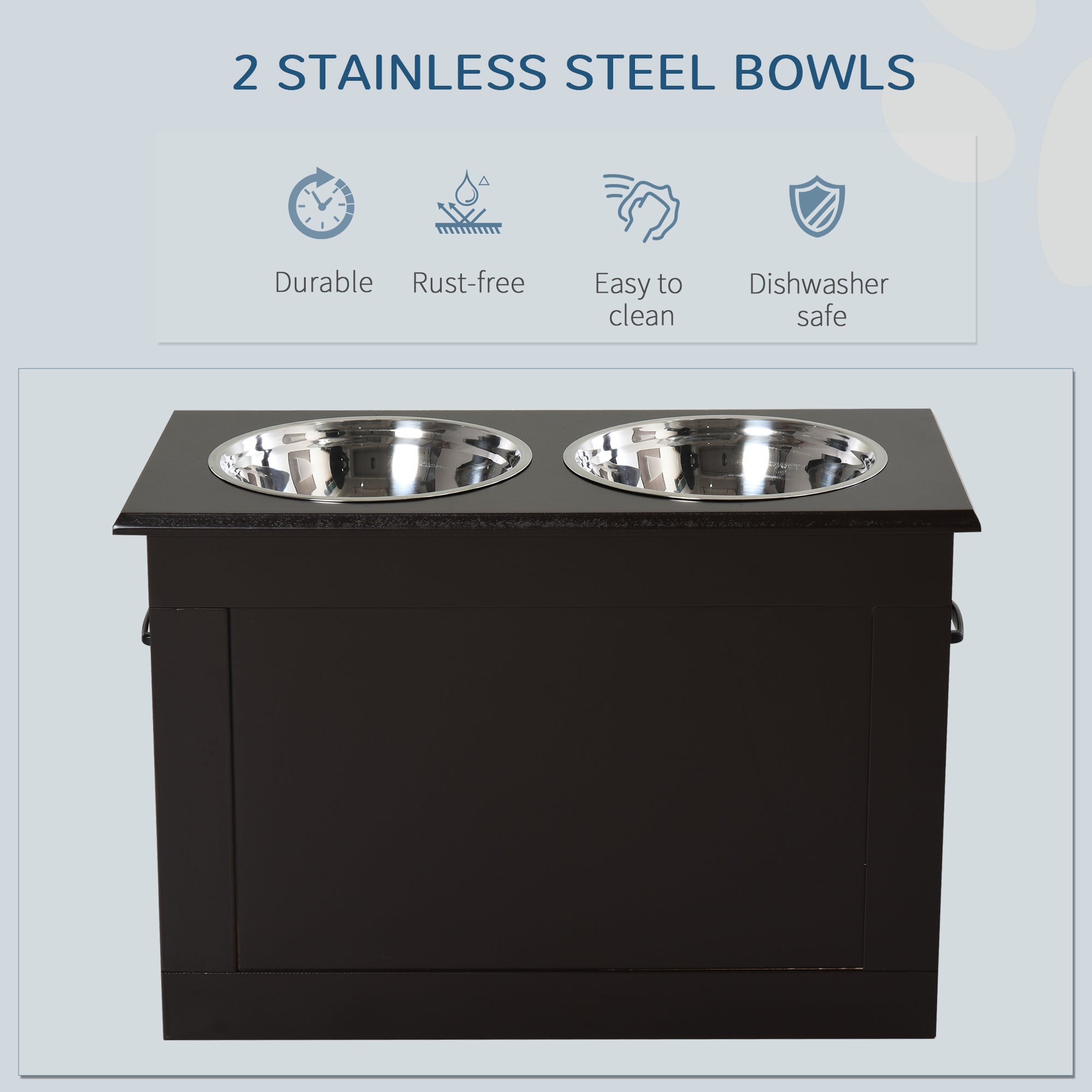 Raised Pet Feeding Storage Station with 2 Stainless Steel Bowls Base for Large Dogs and Other Large Pets, Coffee