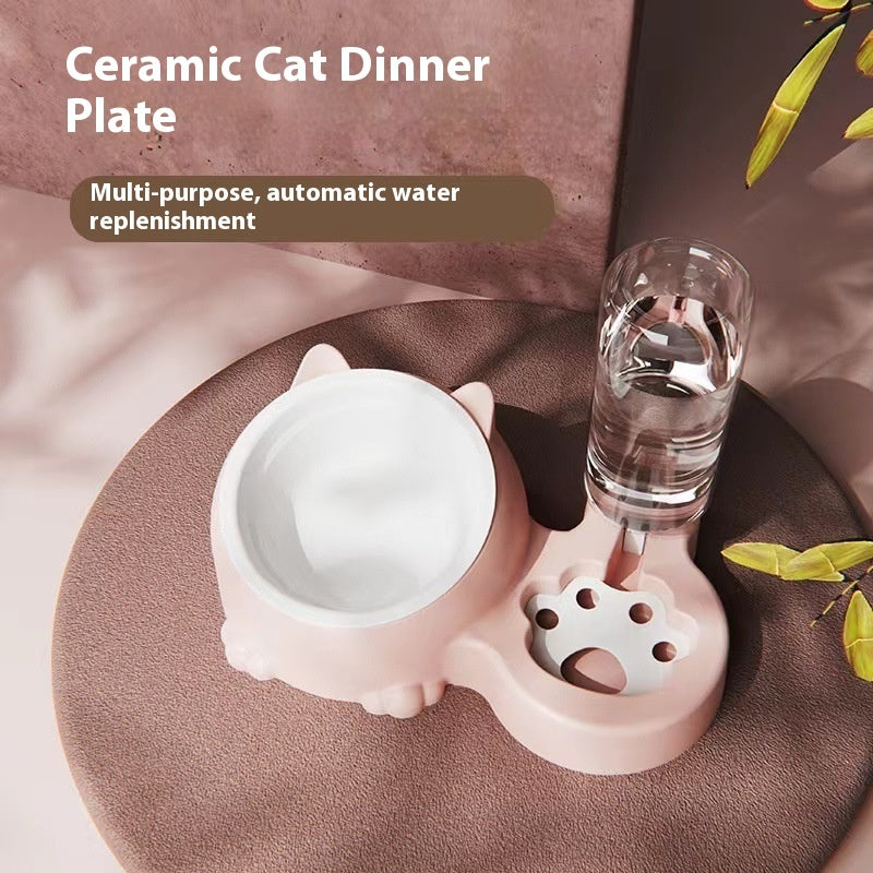 Double Bowl Ceramic Pet Automatic Dog Water Bowl Stainless Steel Cat Bowl