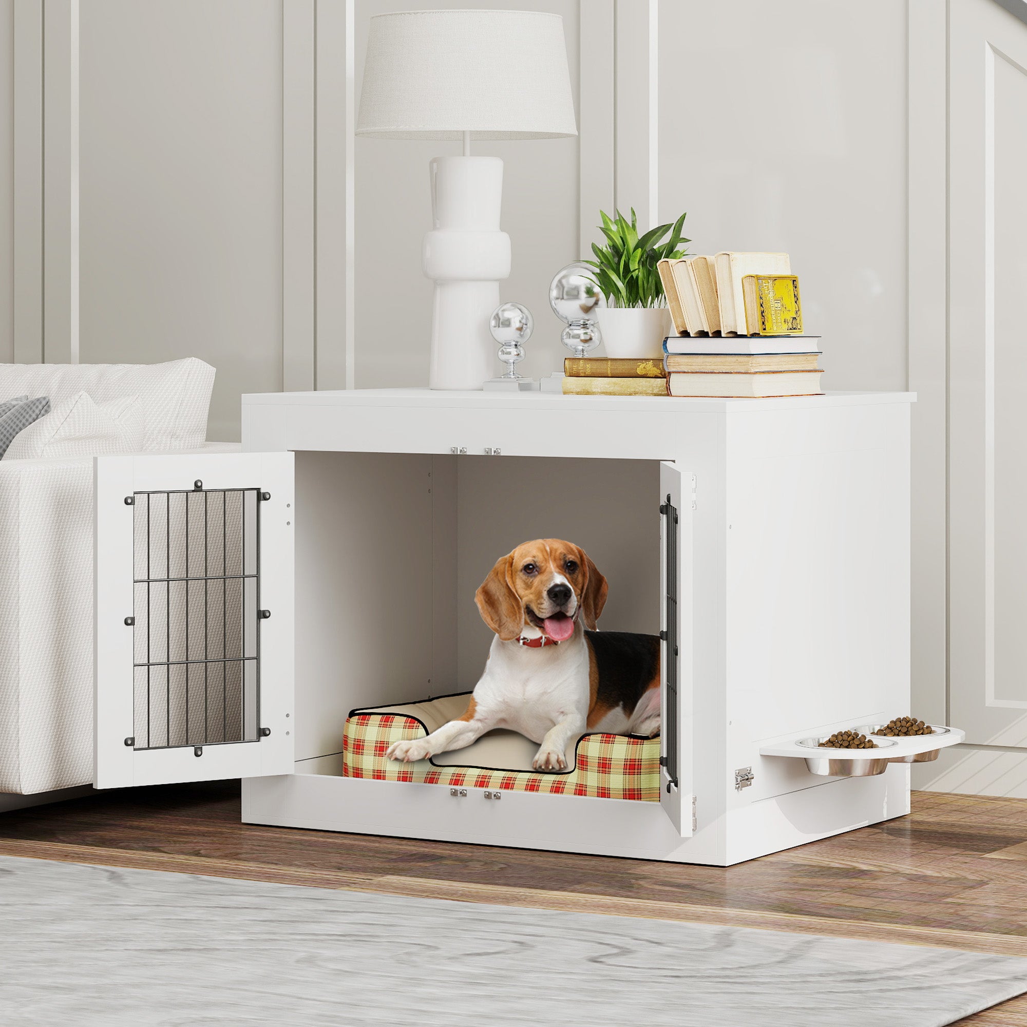 Dog Crate Furniture with 360° Rotatable Removable Dog Bowls
