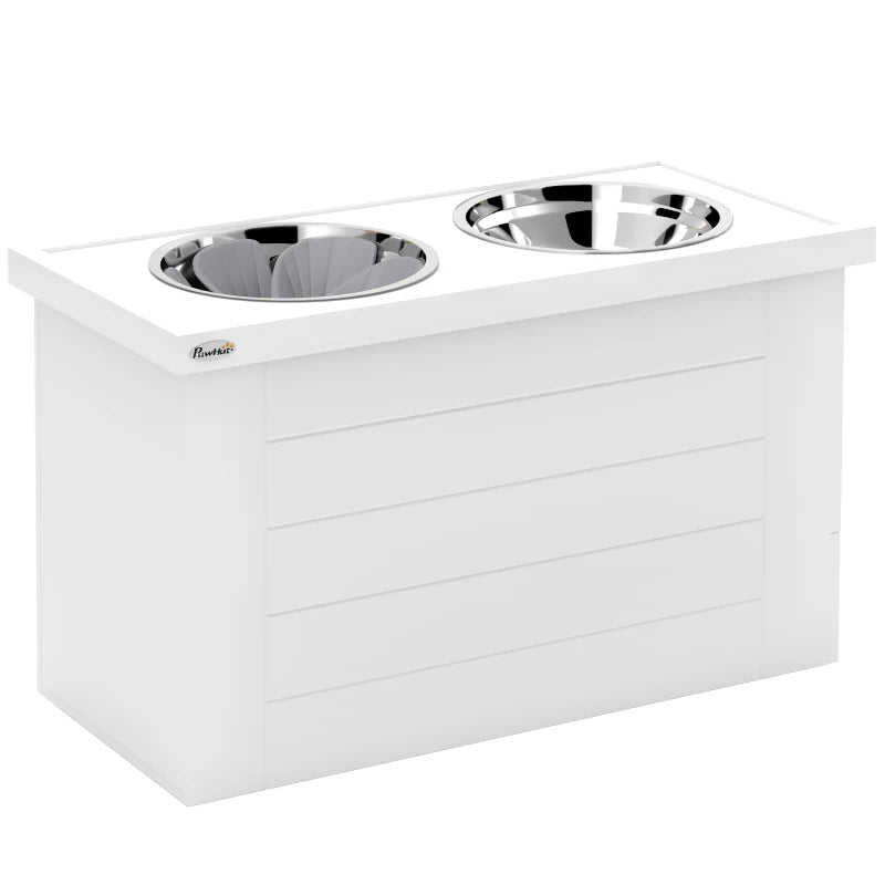 PawHut Elevated Dog Bowls With Slow Feeder Mat, Storage Cabinet, 3 Stainless Steel Bowls For Large & Extra Large Dogs, White