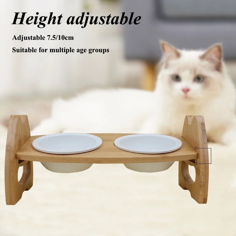 Pet Bowl Ceramic Double Bowl Wooden Stand Neck Protection Dog Cat Food Basin Height Adjustable Tilt Separate Bowls Pet Accessori