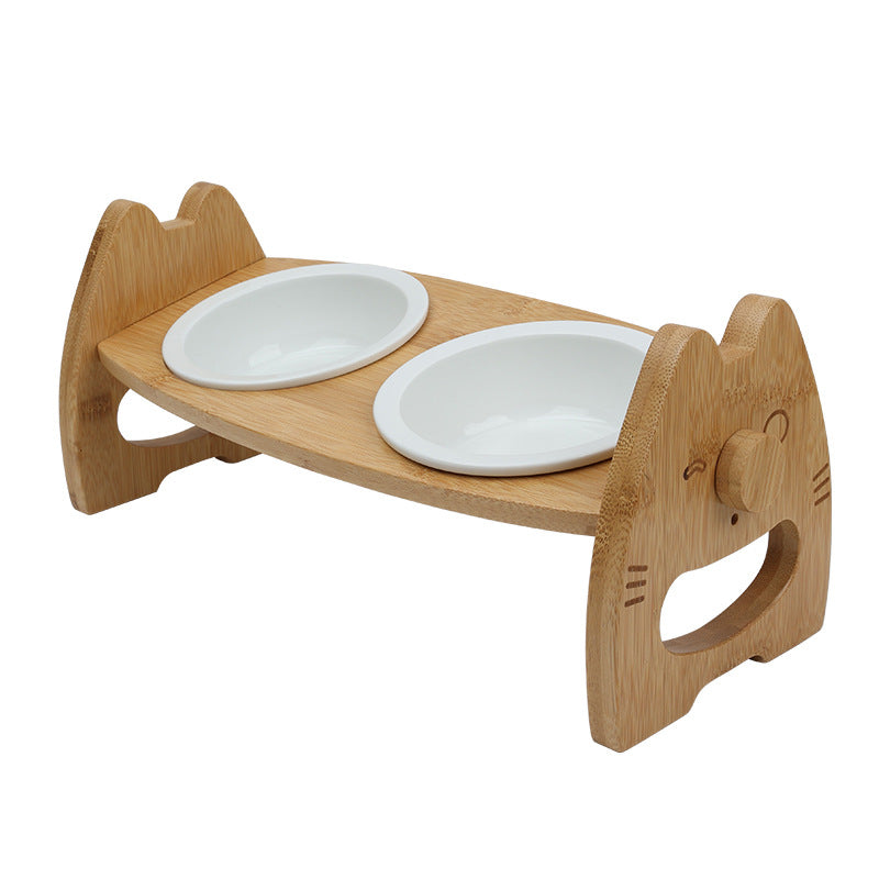 Pet Bowl Ceramic Double Bowl Wooden Stand Neck Protection Dog Cat Food Basin Height Adjustable Tilt Separate Bowls Pet Accessori