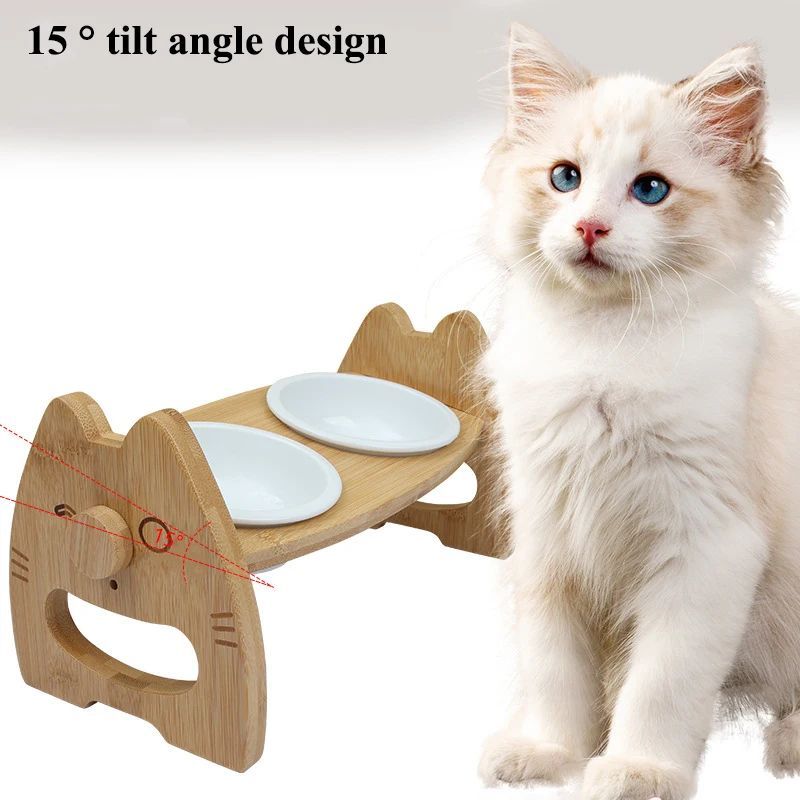 Pet Bowl Ceramic Double Bowl Wooden Stand Neck Protection Dog Cat Food Basin Height Adjustable Tilt Separate Bowls Pet Accessori