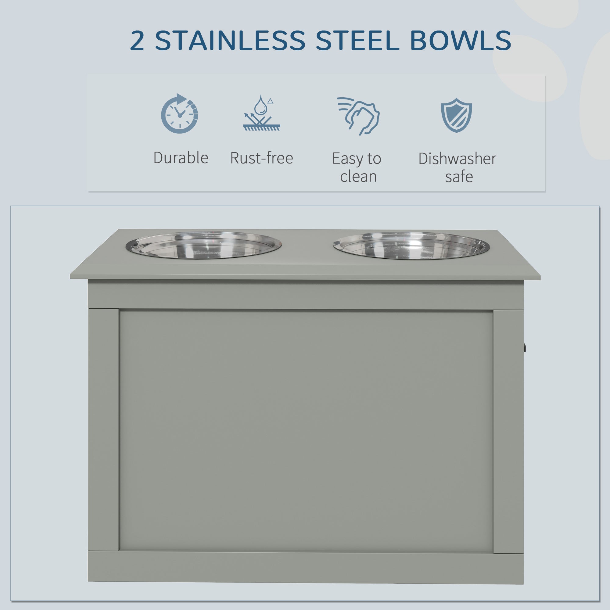 Raised Pet Feeding Storage Station with 2 Stainless Steel Bowls Base for Large Dogs and Other Large Pets, Gray