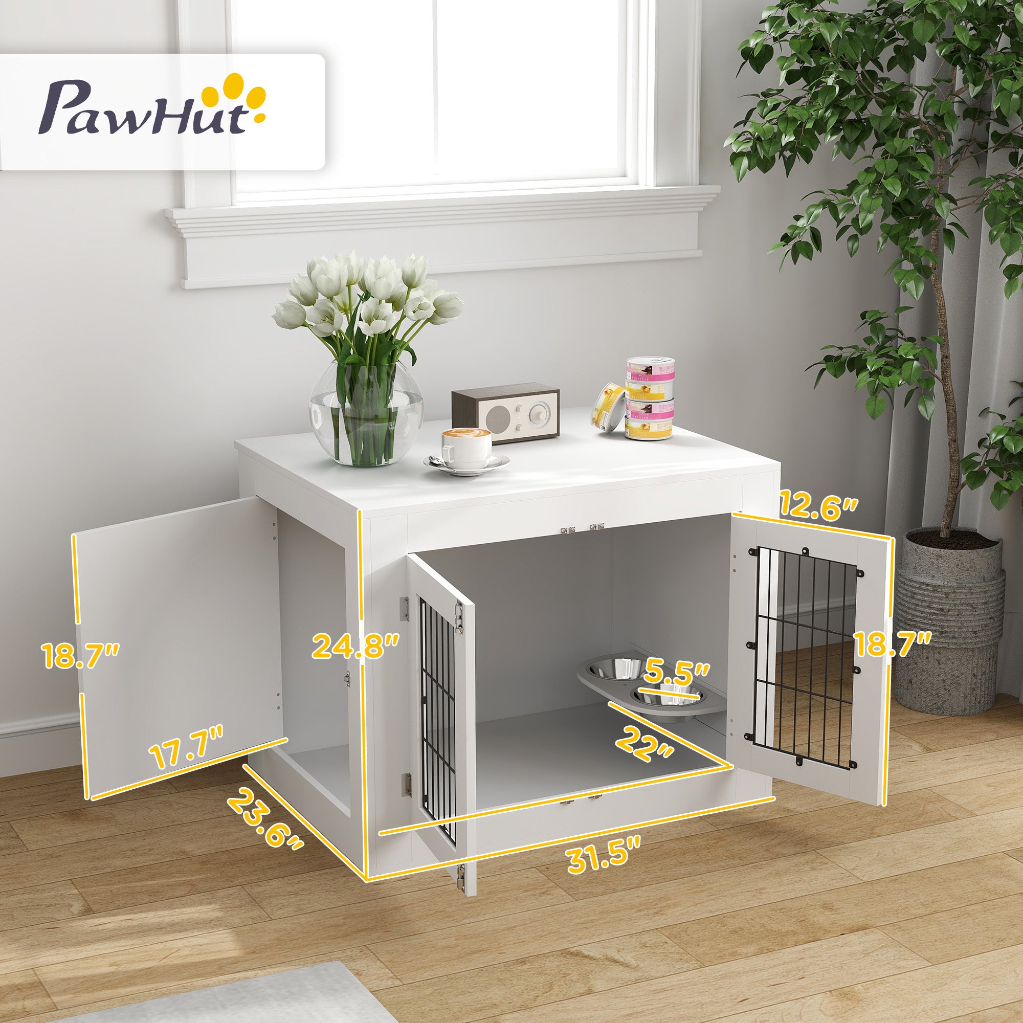 Dog Crate Furniture with 360° Rotatable Removable Dog Bowls