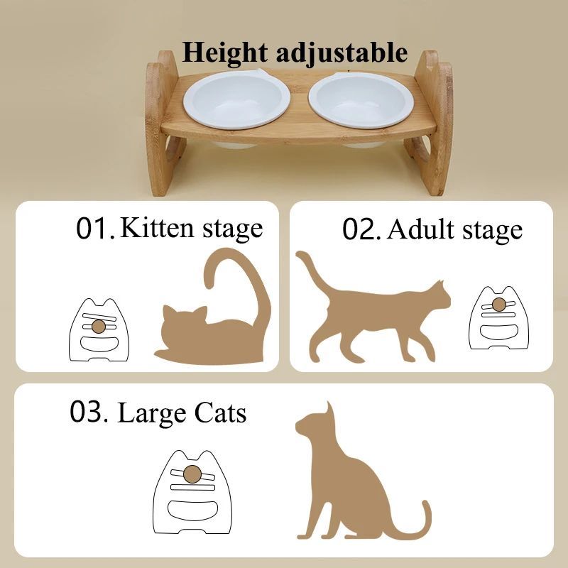 Pet Bowl Ceramic Double Bowl Wooden Stand Neck Protection Dog Cat Food Basin Height Adjustable Tilt Separate Bowls Pet Accessori