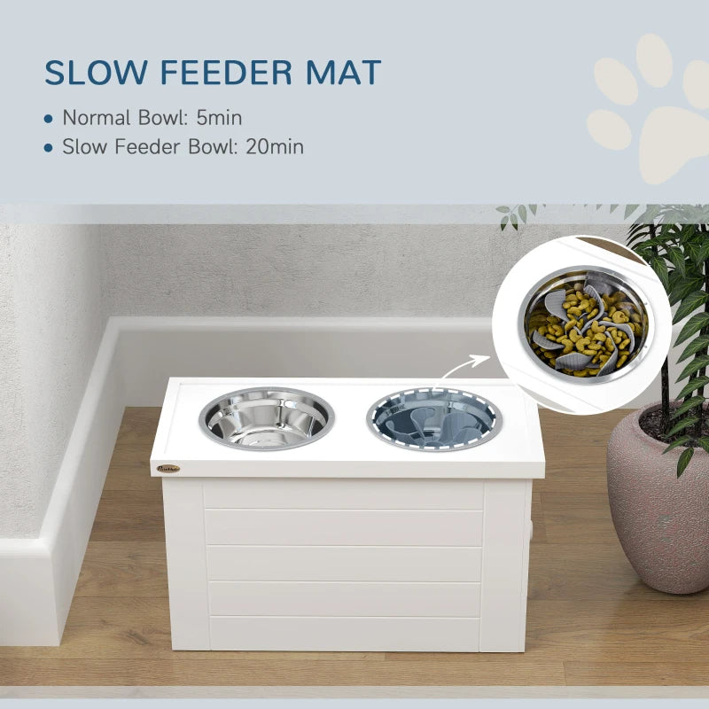 PawHut Elevated Dog Bowls With Slow Feeder Mat, Storage Cabinet, 3 Stainless Steel Bowls For Large & Extra Large Dogs, White