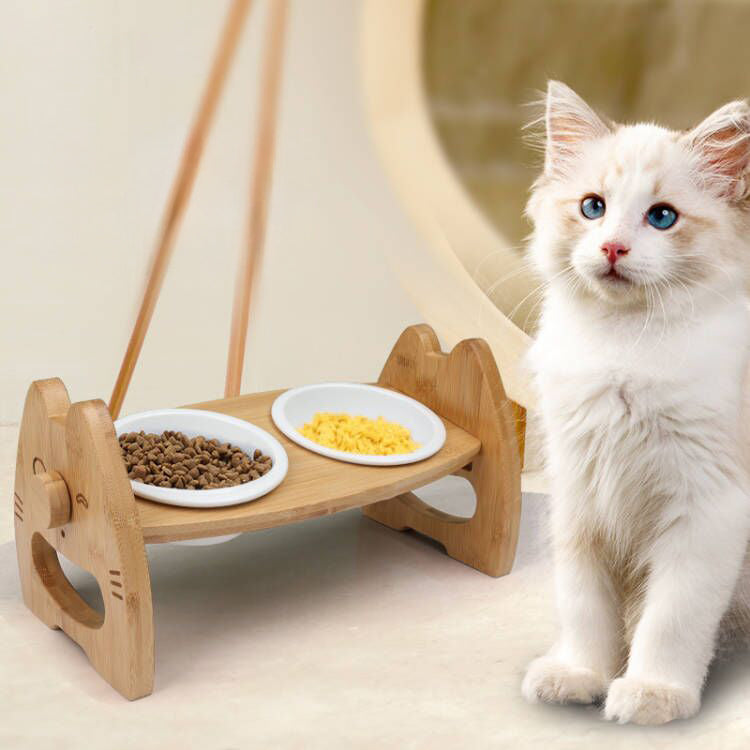 Pet Bowl Ceramic Double Bowl Wooden Stand Neck Protection Dog Cat Food Basin Height Adjustable Tilt Separate Bowls Pet Accessori