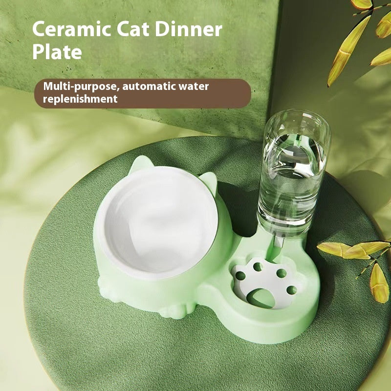 Double Bowl Ceramic Pet Automatic Dog Water Bowl Stainless Steel Cat Bowl