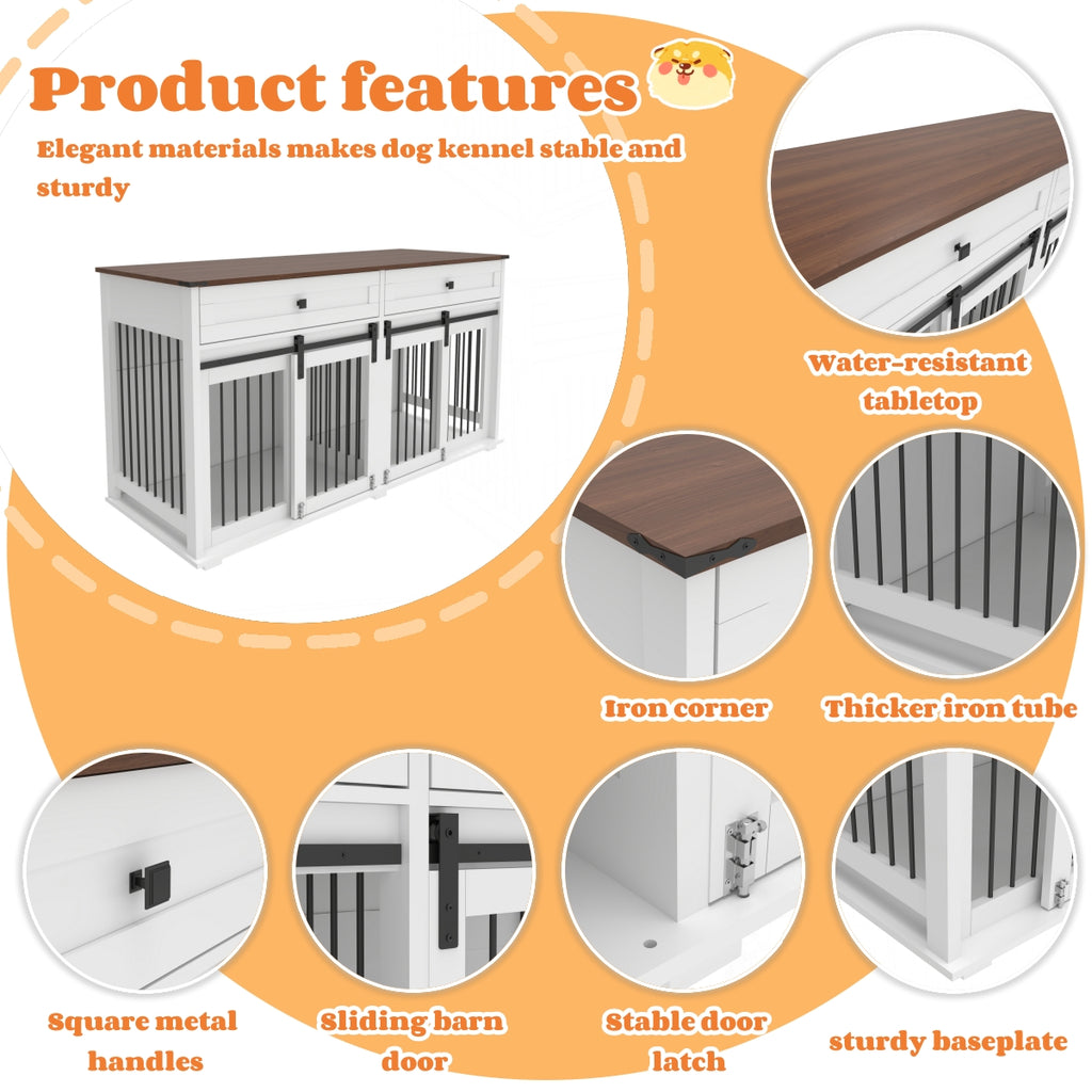 63'' Large Dog Crate Furniture For Double Dog, Wooden Dog Kennel With 2 Drawers,Divider And Sliding Door, Water Resistant Indoor Pets Furniture Style Double Dog Crates