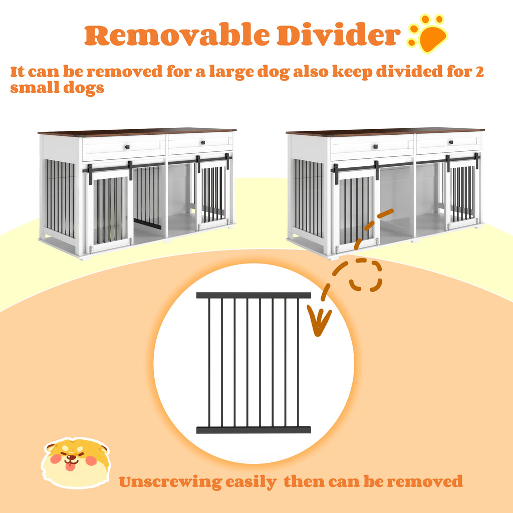 63'' Large Dog Crate Furniture For Double Dog, Wooden Dog Kennel With 2 Drawers,Divider And Sliding Door, Water Resistant Indoor Pets Furniture Style Double Dog Crates