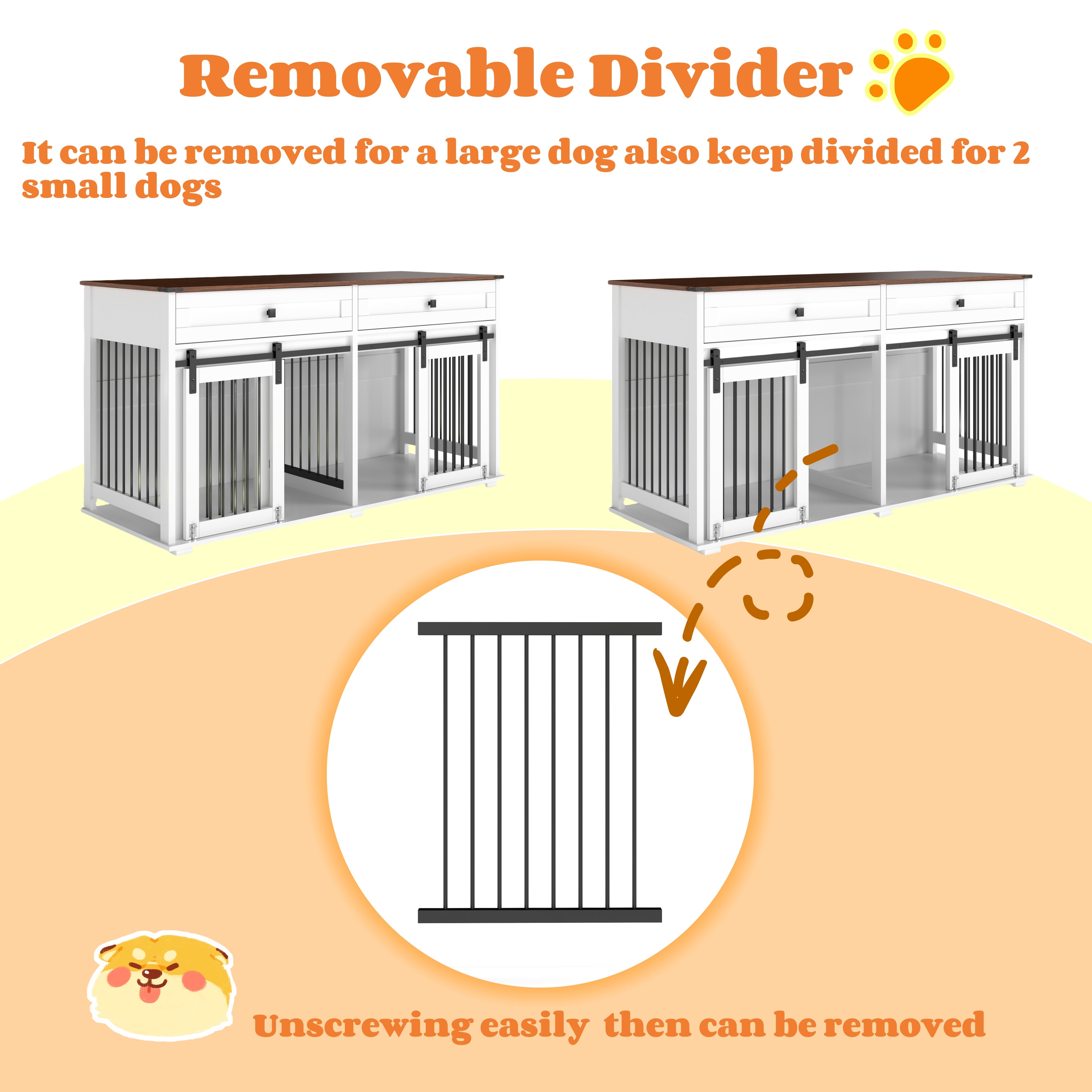 63'' Large Dog Crate Furniture For Double Dog, Wooden Dog Kennel With 2 Drawers,Divider And Sliding Door, Water Resistant Indoor Pets Furniture Style Double Dog Crates
