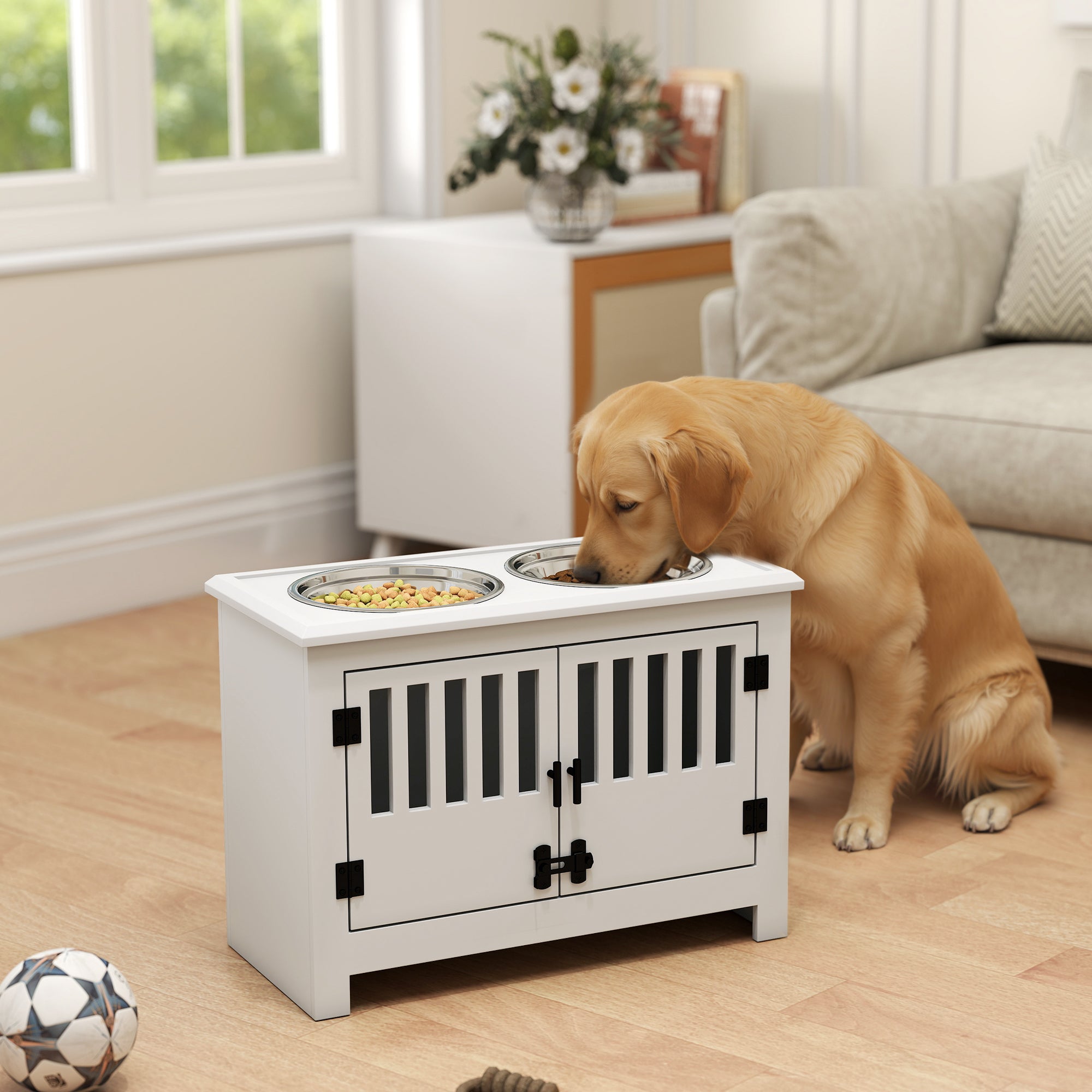 PawHut Raised Dog Bowls, Pet Feeding Station, With Storage, Food And Water Bowls, For Large Dogs - White